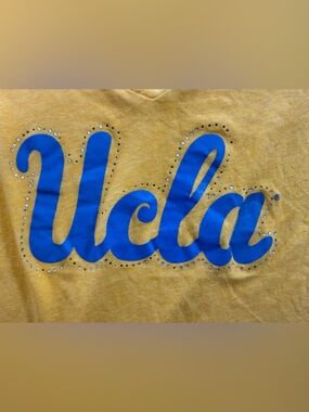 Rivalry Threads Yellow Tee with Blue Script and Rhinestones